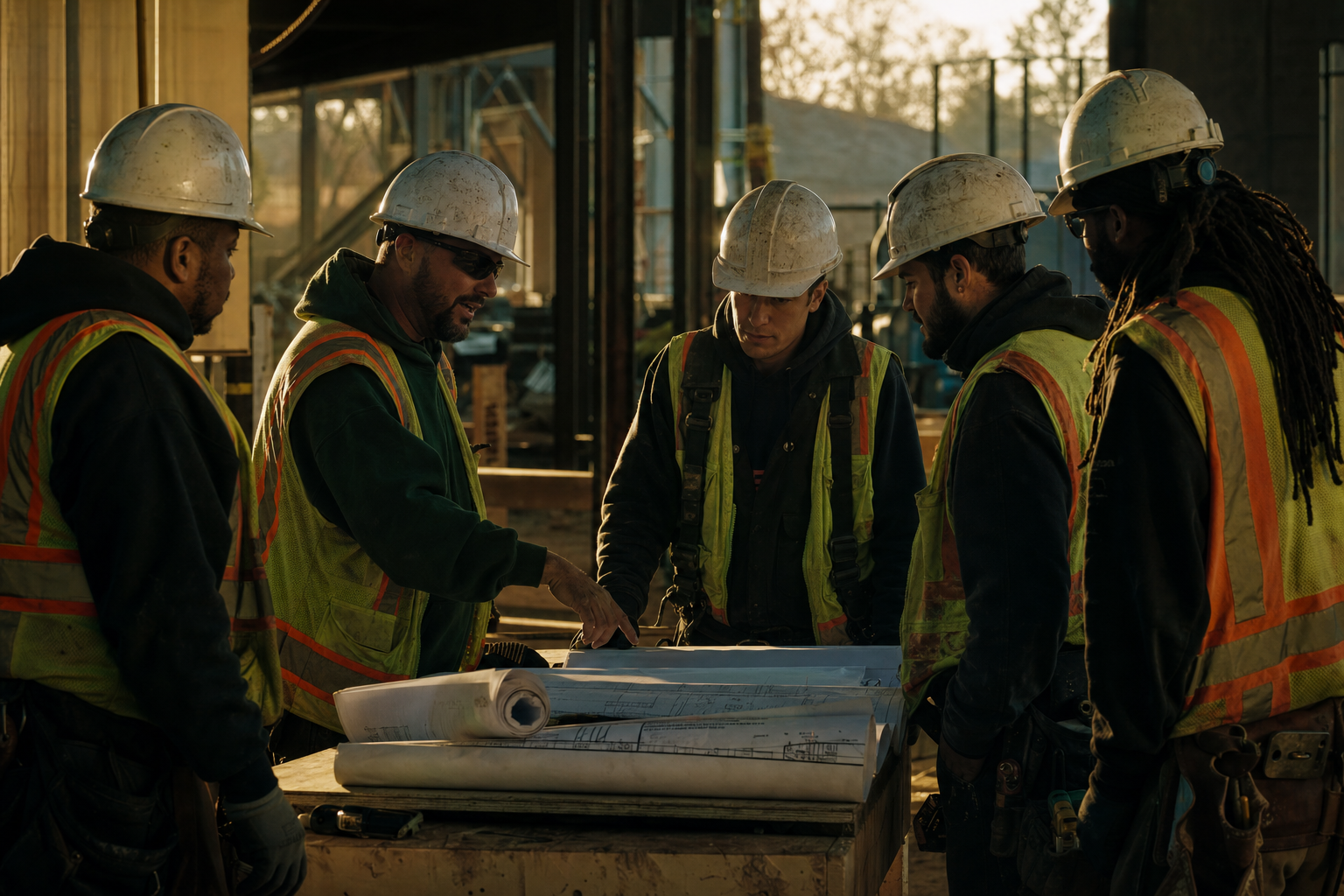 Grassland crew reviewing plans at a morning toolbox talk