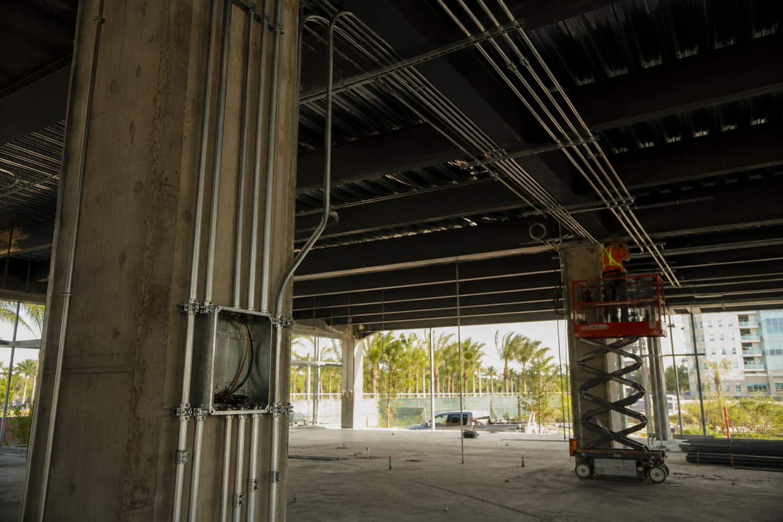 Conduit rough-in on a new commercial construction site