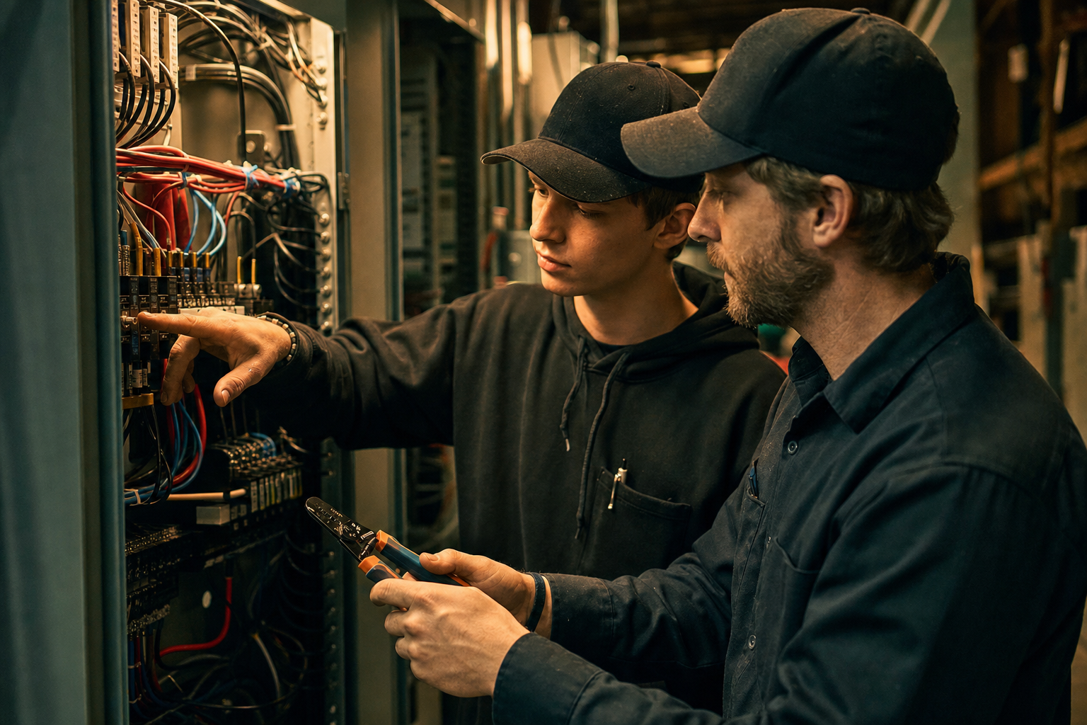 Journeyman electrician mentoring an apprentice at a panel