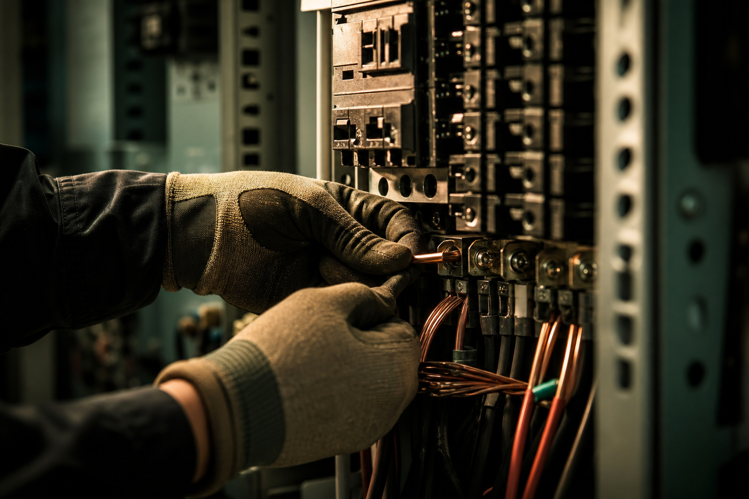 Electrician's hands terminating copper wiring in a breaker panel