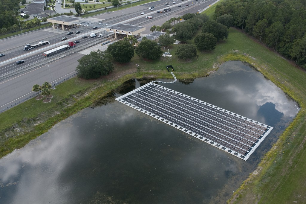 Floating solar array on a retention pond