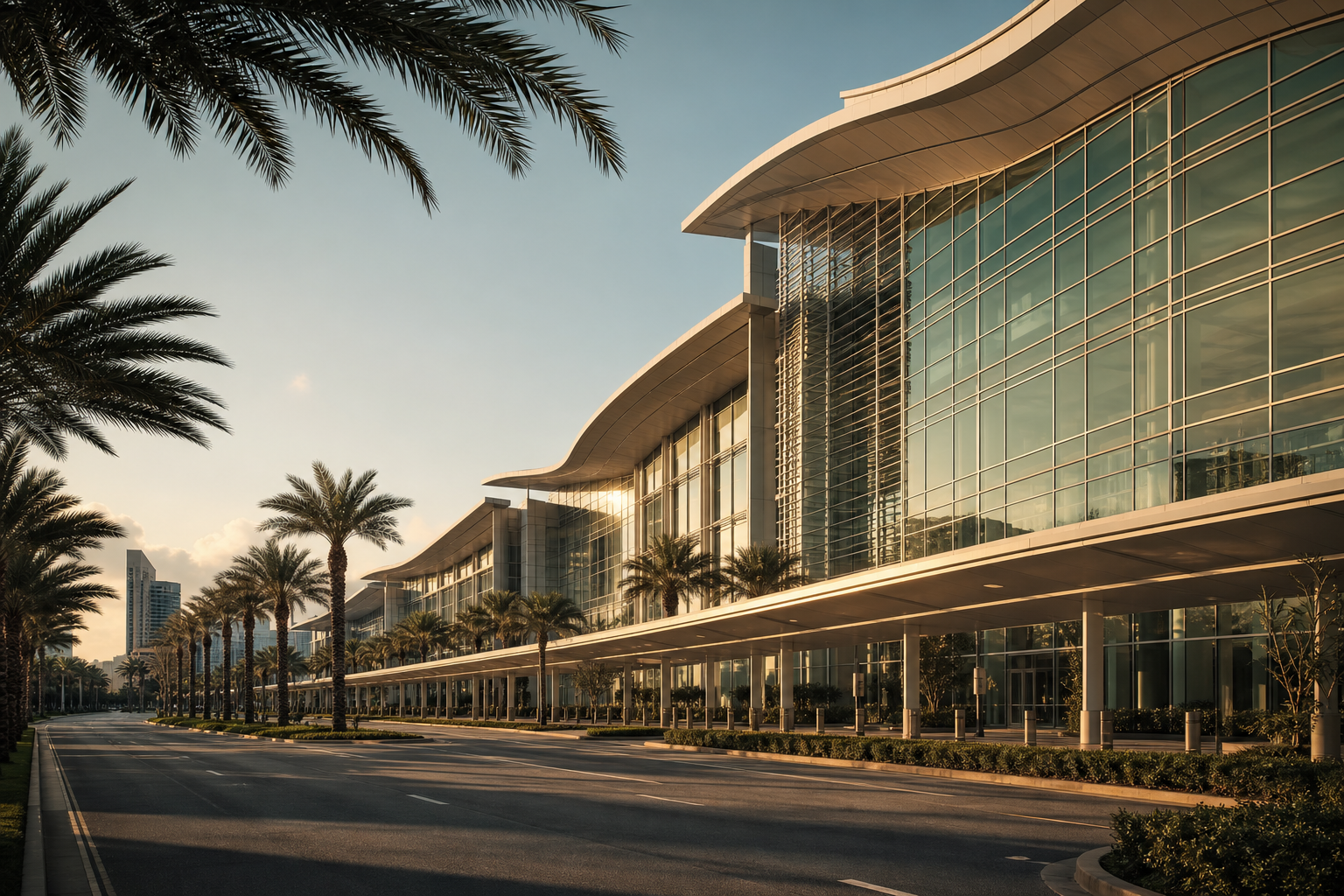 Orange County Convention Center exterior at golden hour