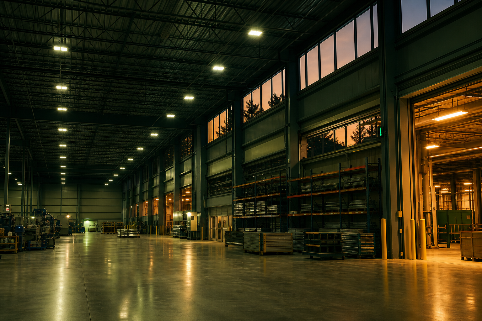 Office-warehouse interior lit by new high-bay LED fixtures